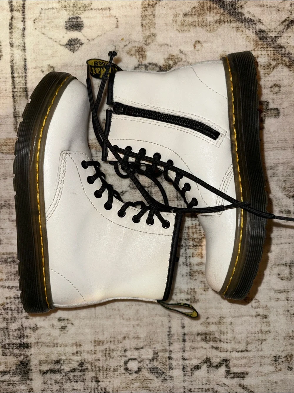 Dr. Martens Black and White Lace-Up Boots with Yellow Heel Loop
